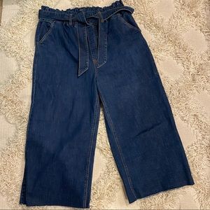 Wide leg cropped tie waist pants